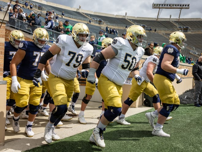 Rocco Spindler (50) and Tosh Baker (79) are among Notre Dame's veteran offensive lineman fighting for starting roles.