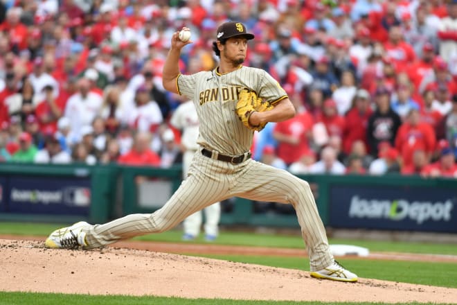 San Diego Padres starting pitcher Yu Darvish (11) pitches in the first inning during game five of the NLCS against the Philadelphia Phillies for the 2022 MLB Playoffs at Citizens Bank Park. Mandatory Credit: Eric Hartline-USA TODAY Sports