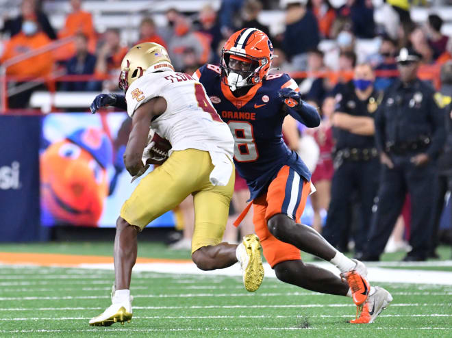 BC star wideout Zay Flowers runs after the catch against Syracuse during the 2021 season (Photo: Mark Konezny-USA TODAY Sports).