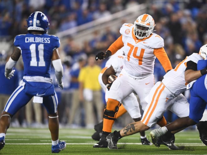 Tennessee offensive lineman John Campbell Jr. (74) during the NCAA college football game against Kentucky on Saturday, October 28, 2023 in Lexington, KY.