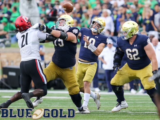Notre Dame Fighing Irish football quarterback Drew Pyne and guard Cain Madden