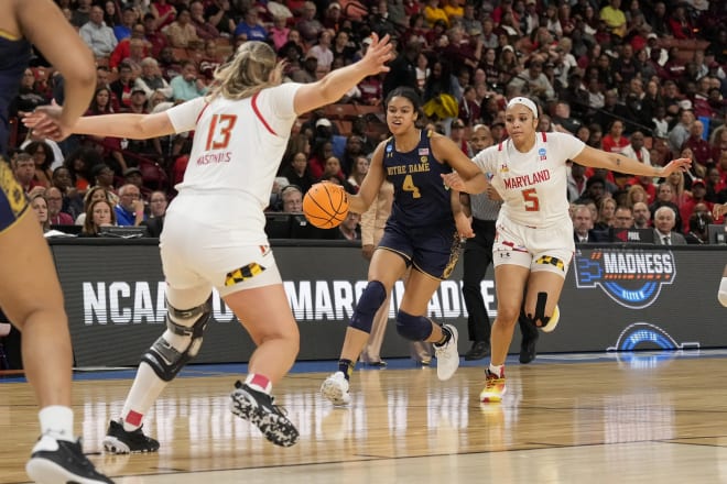 Notre Dame freshman Cass Prosper (4) logged a career-high 36 minutes Saturday in the Sweet 16 loss to Maryland.