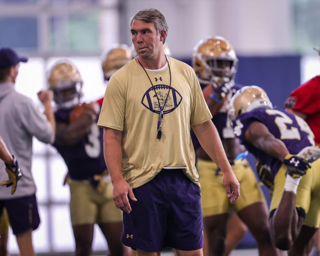 Notre Dame first-year QBs coach Gino Guidugli is pleased with the evolution of his quarterbacks so far in training camp.