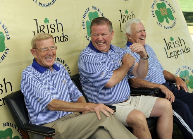Brian Kelly joined Lou Holtz (left) and Ara Parseghian (far right) as one of five coaches to make it to eight years at Notre Dame.