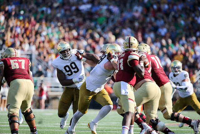 Jerry Tillery (99) and the Notre Dame defense have played with overall soundness through three games, and more effective aggression.