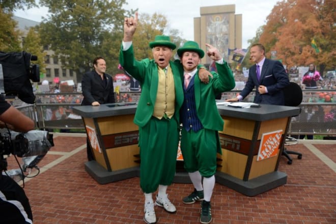 ESPN's GameDay was most recently at Notre Dame Oct. 13, 2012 when the No. 7 Irish defeated No. 17 Stanford in overtime, 20-13.