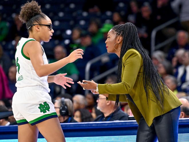 Notre Dame head coach Niele Ivey, right, will lead the Irish into the NCAA Tournament for a second consecutive year, but will the Irish have Olivia Miles, left, available?