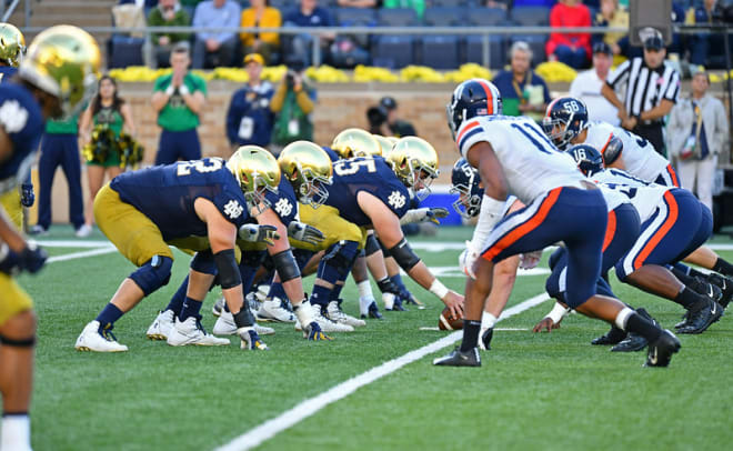 The physicality of the Notre Dame offensive line versus Virginia, especially in the fourth quarter, was encouraging to head coach Brian Kelly.