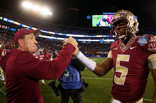 Jameis Winston shakes hands with Jimbo Fisher after winning the 2013 ACC Championship. 