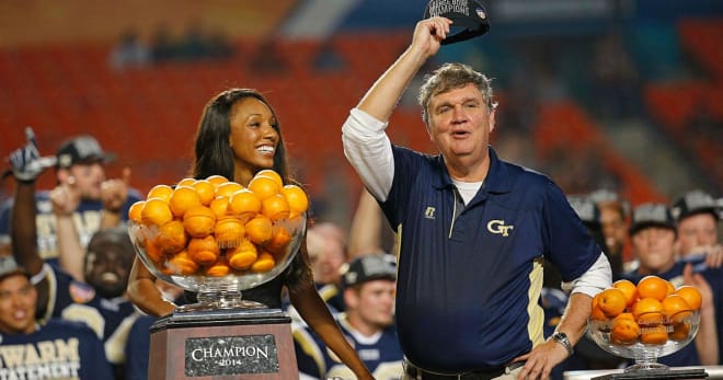 Paul Johnson tips his hat to the crowd after winning the 2014 Orange Bowl