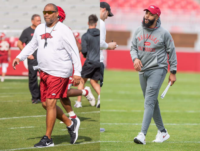 Deke Adams (left) and Dominique Bowman (right) drew positive receives in their first spring practices at Arkansas.