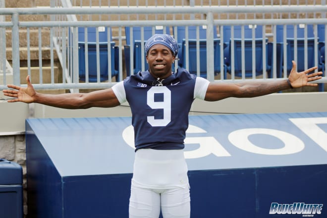 Penn State corner Joey Porter Jr., shows off his impressive wingspan during the program's team media day on Aug. 7, 2020 in State College. BWI photo/Greg Pickel