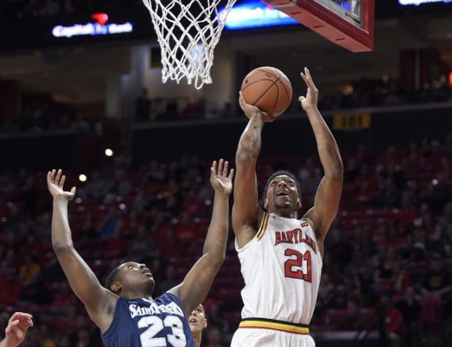 Justin Jackson (No. 21) led the Terps with 19 points in their win over Saint Peter's.
