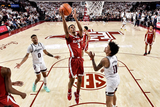 Alabama Crimson Tide guard Rylan Griffen (3) shoots over Texas A&M Aggies forward Andersson Garcia (11) during the second half at Reed Arena. Photo | Maria Lysaker-USA TODAY Sports