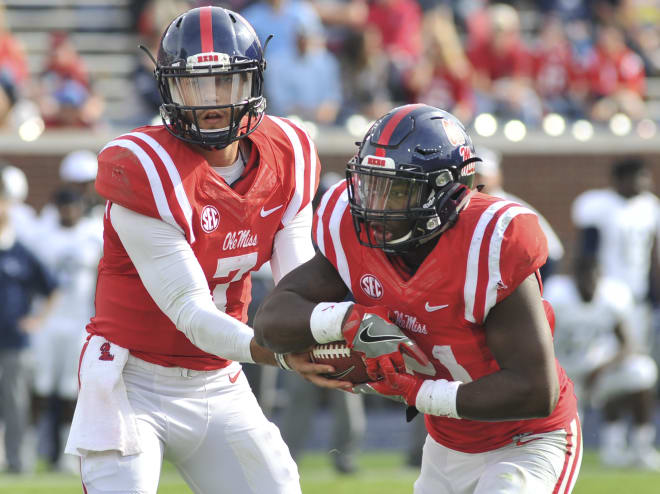 Jason Pellerin (left) hands off to Akeem Judd during Ole Miss' 37-27 win over Georgia Southern Saturday at Vaught-Hemingway Stadium. Pellerin could be in line for his first collegiate start when Ole Miss travels to Texas A&M Saturday night in College Station.