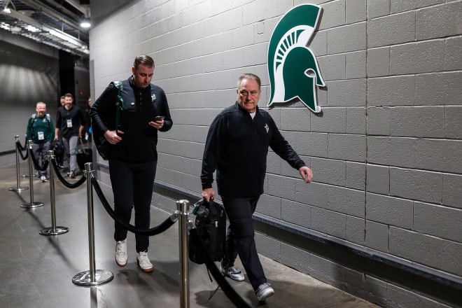 Michigan State head coach Tom Izzo arrives before NCAA tournament West Region first round against Mississippi State at Spectrum Center in Charlotte, N.C. on Thursday, March 21, 2024.