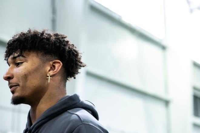 Nwankpa mid-interview at Iowa's Thursday spring practice. 