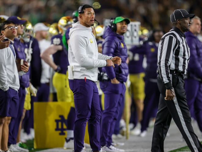 Notre Dame head coach Marcus Freeman led the Irish to their eighth win of the season Saturday in Notre Dame Stadium against Wake Forest.