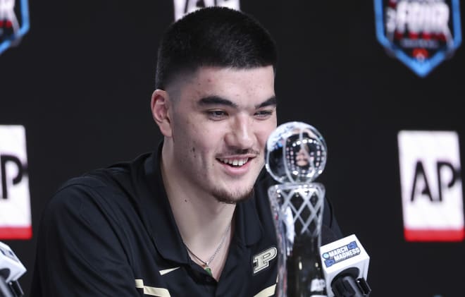 Apr 1, 2023; Houston, TX, USA; Purdue center Zach Edey is speaks at a press conference after being announced as the Associated Press player of the year at NRG Stadium. Mandatory Credit: Troy Taormina-USA TODAY Sports