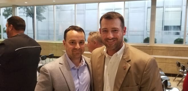 Indiana Hoosiers head coach Archie Miller (left) poses for a picture with Ben Shoulders, former president of the IU Alumni Association of Greater Evansville and part of the family that helped put on the Family Lecture Series at Evansville (Ind.) Harrison High School.