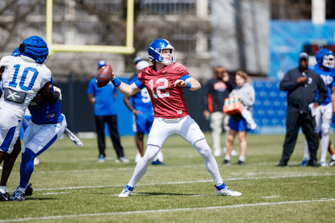 New Kentucky quarterback Brock Vandagriff, a transfer from Georgia, dropped back to pass during one of the Wildcats' recent spring practice sessions.