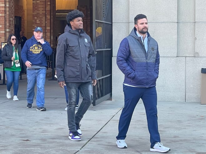 2023 class three-star athlete Brandyn Hillman (black jacket) officially visited Notre Dame on Saturday and Sunday