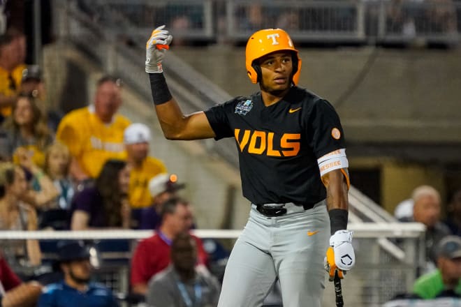 Jun 17, 2023; Omaha, NE, USA; Tennessee Volunteers second baseman Christian Moore (1) reacts after getting struck out against the LSU Tigers during the eighth inning at Charles Schwab Field Omaha. Mandatory Credit: Dylan Widger-USA TODAY Sports