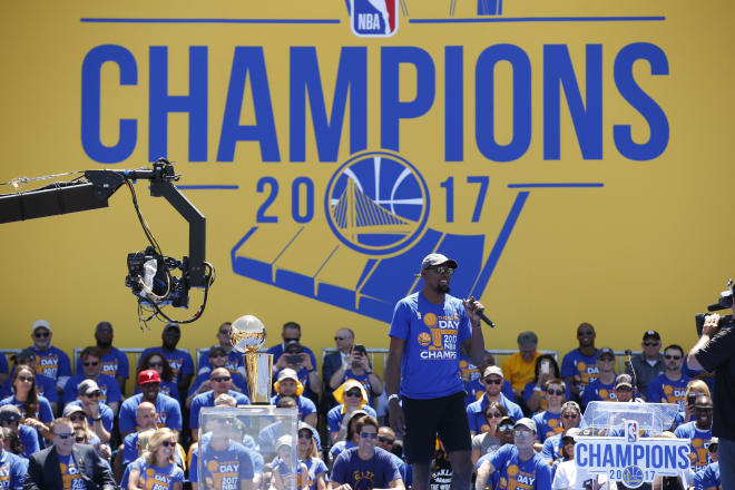 Kevin Durant addresses the crowd at the Warriors' championship parade last week.