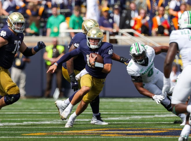 Notre Dame QB Tyler Buchner is Notre Dame's leading rusher through two games this season.