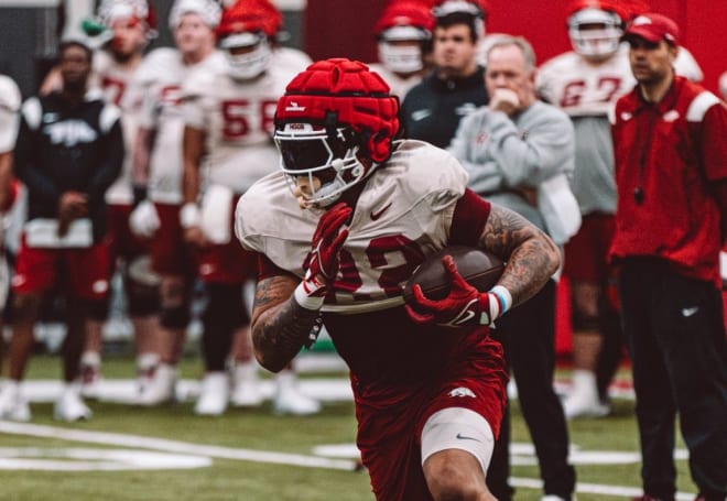 Arkansas running back Ja'Quinden Jackson during a March 26 practice in Fayetteville. 