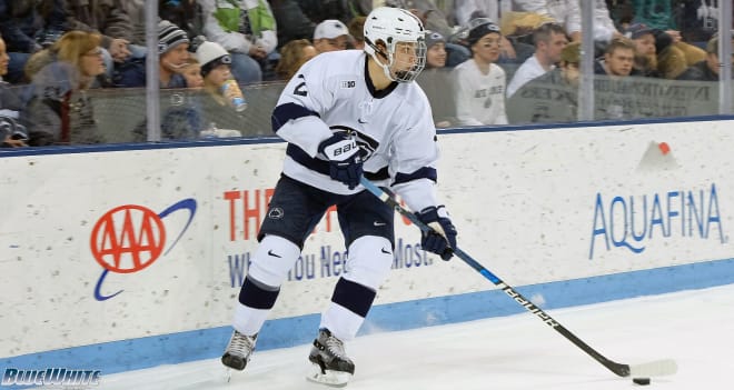 Penn State defenseman Cole Hults stands near the blue line during a game against Ohio State in 2017-18. 