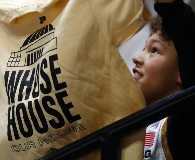 A fan holds up a shirt during the NCAA men s basketball game between the Purdue Boilermakers and the Maryland Terrapins, Sunday, Jan. 22, 2023, at Mackey Arena in West Lafayette, Ind. Purdue won 58-55.