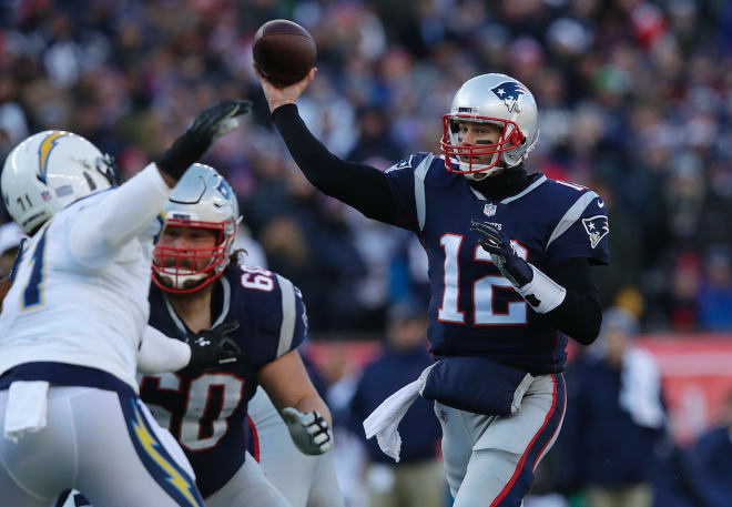 Tom Brady completed 34 of 44 passes for 343 yards and a touchdown in Sunday's 41-28 win over the Chargers.