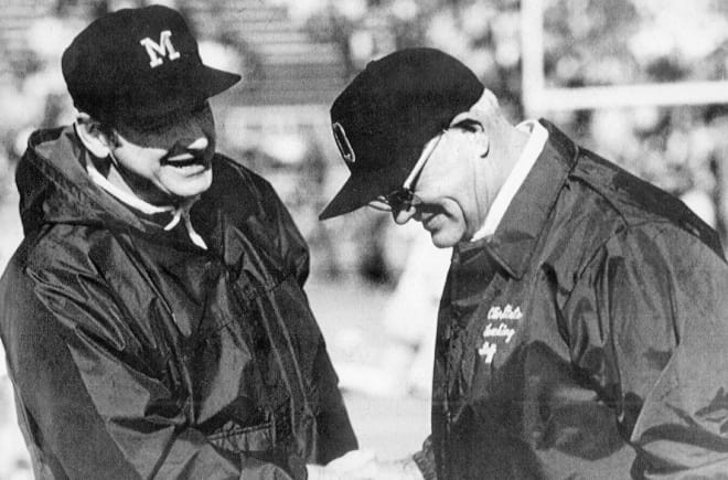 Bo Schembechler and Woody Hayes coached against each other in The 10-Year War from 1969-78.