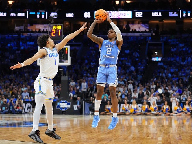 Caleb Love scored 27 of his 30 points versus UCLA in the second half of UNC's Sweet 16 victory.