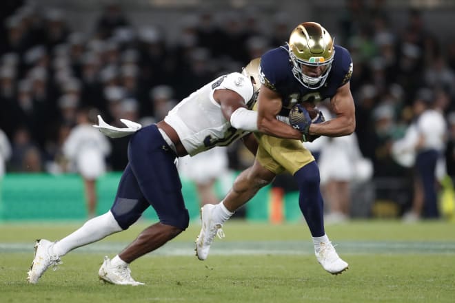 Irish freshman Jaden Greathouse (19) hauled in three passes for 68 yards and two TDs during his college debut last Saturday.