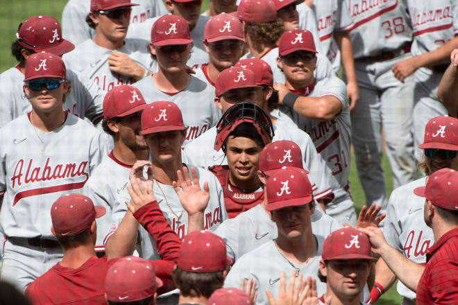 Alabama players enjoy a 5-3 victory over Georgia in game one of the SEC Tournament at Hoover Met. Photo | Gary Cosby Jr.-The Tuscaloosa News/USA Today Sports