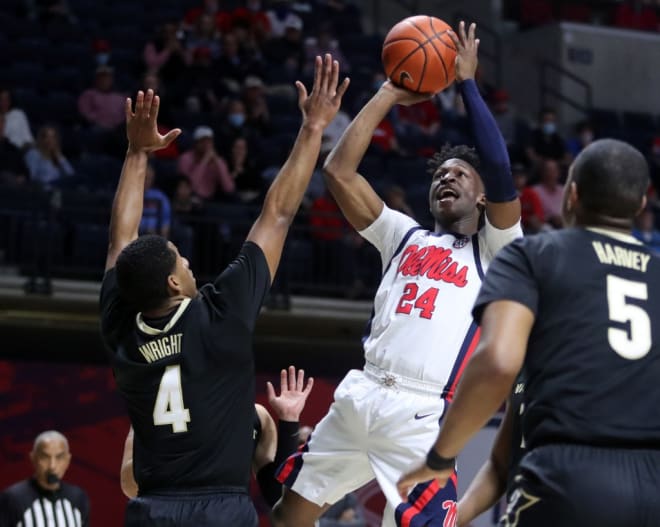 Ole Miss guard Jarkel Joiner goes up for a shot during Saturday's win over Vanderbilt. Photo credit: Petre Thomas/Ole Miss Athletics