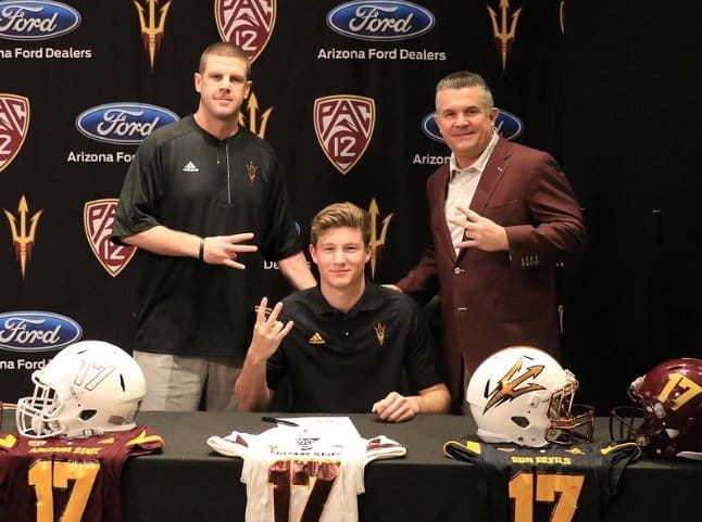 Blake Barnett flanked by offensive coordinator Billy Napier (left) and head coach Todd Graham (right) 