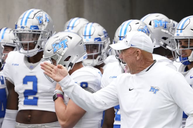 Middle Tennessee Blue Raiders head coach Rick Stockstill talks with his team before they take the field at Sonny Lubick Field at Canvas Stadium. Photo |  Michael Madrid-USA TODAY Sports