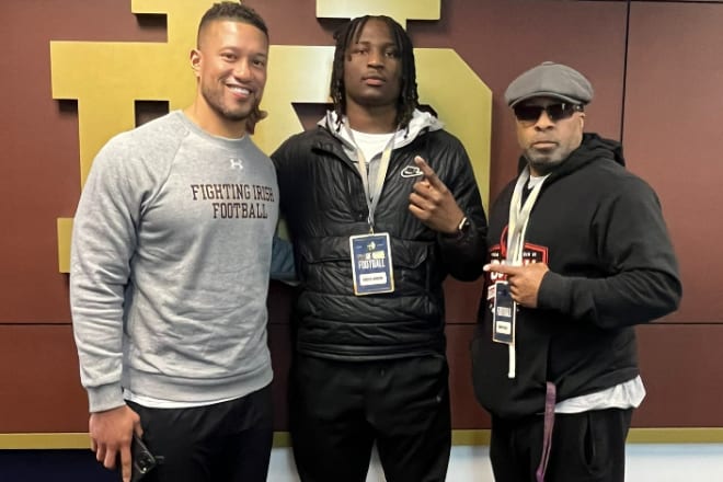 Notre Dame football hosted 2026 OLB target Cincere Johnson, pictured above, on a visit Wednesday. Johnson received his Irish offer on Pot of Gold Day.
