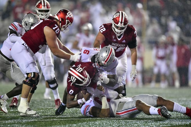 Indiana Hoosiers quarterback Donaven McCulley (0) is sacked by the Ohio State Buckeyes during the second quarter at Memorial Stadium. (USA Today)