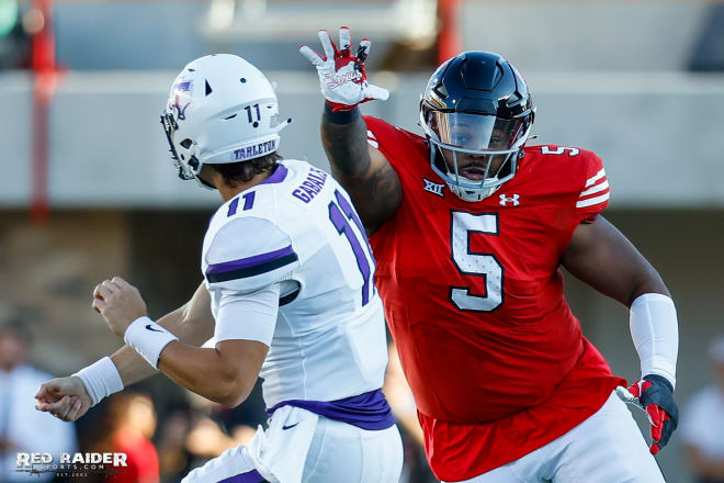 Quincy Ledet Jr. (5) is back for his super-senior season for Texas Tech