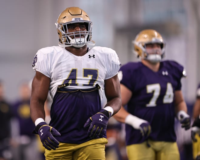 Junior nose guard Jason Onye (47) continues to surprise for Notre Dame this spring.