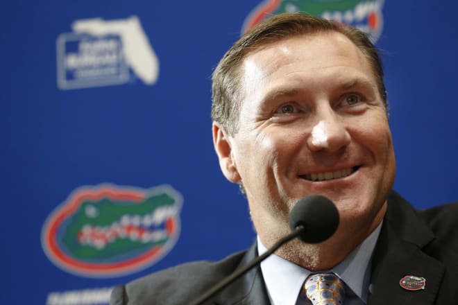 Nov 27, 2017; Gainesville, FL, USA; Florida Gators head coach Dan Mullen talks with media as he is introduced as head coach at Ben Hill Griffin Stadium. 