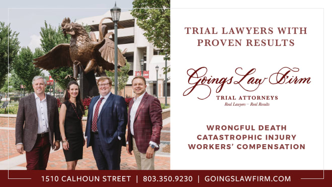 The Goings Law Firm will serve as the official sponsor of our 2021 Football Coverage.  The attorneys at the Goings Law Firm are proud South Carolinians and avid Gamecock fans. The Goings Law Firm has earned a reputation as one of the preeminent litigation firms in South Carolina in the fields of personal injury, wrongful death, and workers compensation.