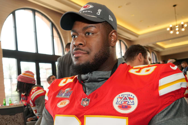 Feb 7, 2024; Las Vegas, NV, USA; Kansas City Chiefs guard Trey Smith (65) during a press conference before Super Bowl LVIII at Westin Lake Las Vegas Resort and Spa.