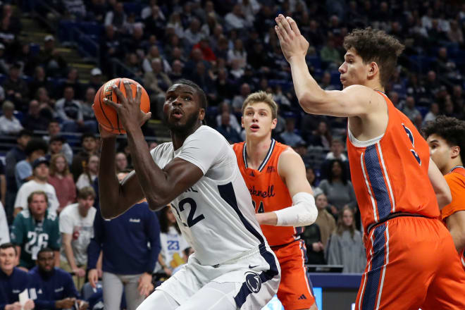 Dec 2, 2023; University Park, Pennsylvania, USA; Penn State Nittany Lions forward Qudus Wahab (22) drives the ball to the basket against the Bucknell Bison during the first half at Bryce Jordan Center. Mandatory Credit: Matthew O'Haren-USA TODAY Sports