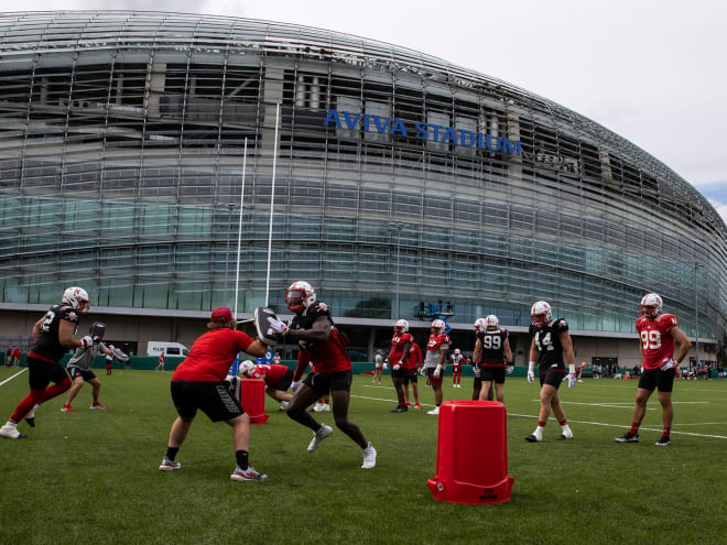 Nebraska's defense practicing outside Aviva Stadium in Dublin, Ireland.