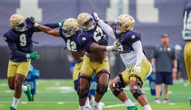 Notre Dame defensive linemen work on their techniques during Wednesday's practice.